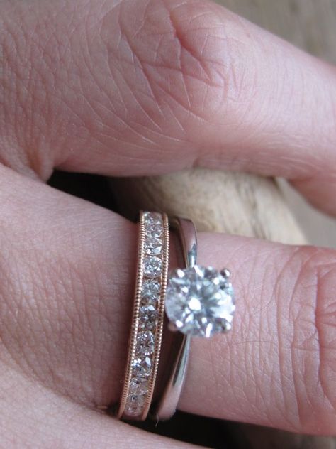 love the mismatched wedding "sets" on this thread. Mismatched Wedding Bands, Wedding Bands With Engagement Ring, Mismatched Wedding, Wedding Band And Engagement Ring, Wedding Notes, Vintage Wedding Band, Anniversary Bands, Jewelry Online Shopping, Show Me Your