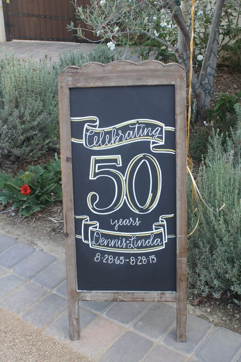 Sandwich board to greet guest for a 50th Wedding anniversary party 50th Anniversary Sign Ideas, 50th Wedding Anniversary Photo Booth, 50th Anniversary Signs, 50th Anniversary Chalkboard Signs, 50th Anniversary Corporate Event, 50th Anniversary Signs Wooden, 50th Anniversary Party Decorations, Anniversary Chalkboard, Golden Anniversary Party