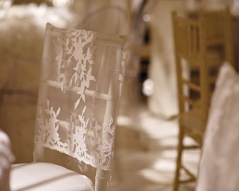 Lace chair cap turns a chivari chair into a custom look. Tres Chic ! Diy Wedding Chair Covers, Lace Chair Covers, Wedding Chairs Diy, Chivari Chairs, Dyi Wedding, Chair Covers Wedding, Wrought Iron Chandeliers, Reception Chair, Chiavari Chairs