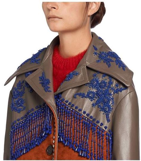 Prada Prada | Suede And Leather Jacket | Wide spread collar Floral embroidery Beaded fringe at yoke Suede fringe on flap pockets Metal stud embellishments Button fastening 100% lamb leather Middle layer: 100% polyester Lining: 100% viscose 67 cm. #afflink Color Matching Clothes, Embroidery Workshop, Embroidery Beaded, Leather Embroidery, Womens Jackets Casual, Beaded Jacket, Diy Fashion Clothing, Embellished Jacket, Embroidered Leather