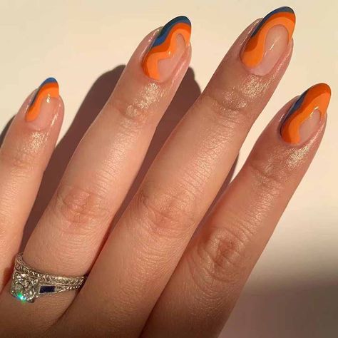 RikView Almond Press on Nails Medium Fake Nails Orange & Blue Stick on Nails with Swirls Design Nail Design Glitter, Milky Nails, Minimal Nails, Almond Shape Nails, Orange Nails, Stick On Nails, Minimalist Nails, Dream Nails, Fire Nails