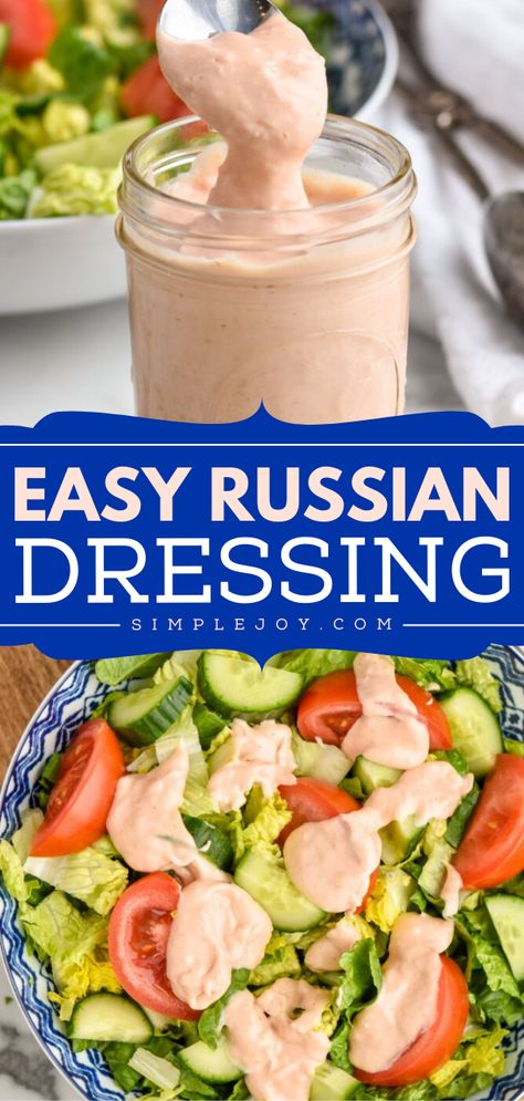 Your summer salads call for this homemade Russian dressing! It's such an easy salad dressing recipe to whip up in just 5 minutes and always tastes delicious. Use it on a Reuben Sandwich and other spring dishes! Easy Creamy Dressing, Russian Salad Dressing Recipe, Homemade Russian Dressing Recipe, Easy Creamy Salad Dressing, Homemade Creamy Salad Dressing, Reuben Dressing Recipe, Russian Dressing Recipe Reuben Sandwich, Salad Dressing Recipes Homemade Easy, Sub Sandwich Dressing Recipe