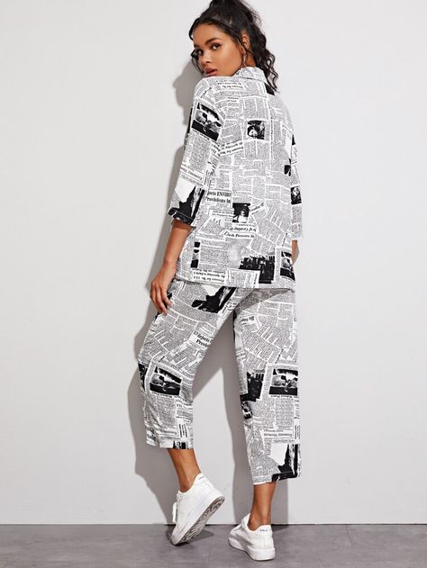 Frill Pants, Drawstring Waist Pants, Color Blocking Outfits, Newspaper Print, Newspaper Printing, Black And White Style, Belted Pants, Printed Blazer, Clothing Size Chart