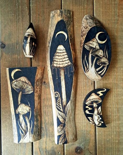 #art #design Mushroom Wood Burning Ideas, Pyrography Ideas Inspiration, Painted Pyrography, Scorch Pen, Wood Burning Tips, Wood Burning Patterns Stencil, Wood Burning Pen, Wood Burn Designs, Driftwood Art Diy