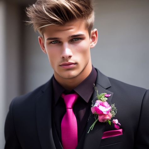 Prom Tuxedo Black, Black Tux Prom, Black Tux With Pink Tie, Black Tux With Pink Accents, Black Tux Pink Tie, Black Tuxedo With Pink Bow Tie, Tuxedo Style Satin Bow For Black-tie Events, Tux Prom, Prom Tuxedo