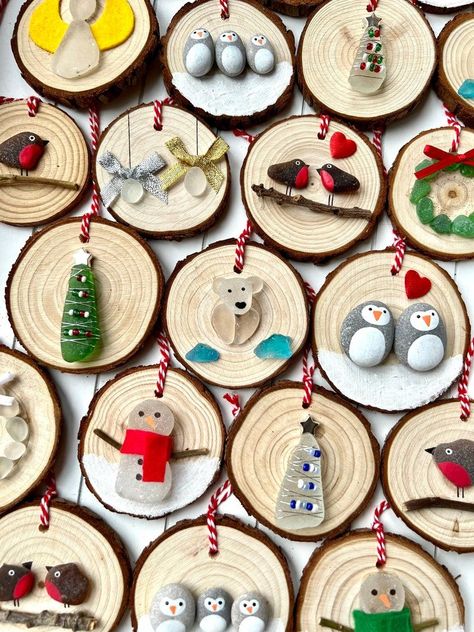 DIY Christmas Crafts for Adults: Beautiful & Budget-Friendly Ideas Christmas Pebble Art, Heart Christmas Ornaments, Polar Bear Christmas, Handmade Christmas Crafts, Wooden Slices, Snowman Christmas Ornaments, Sea Glass Crafts, Xmas Tree Decorations, Wood Circles