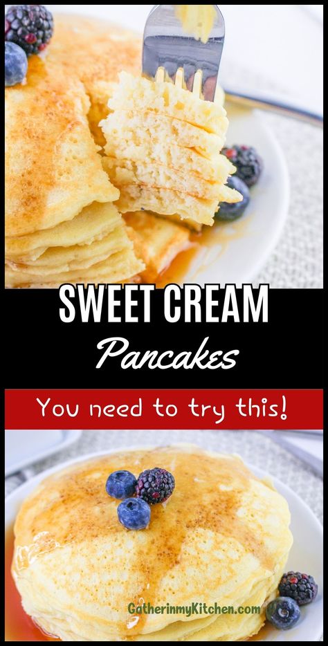 Sweet cream pancakes offer a delicious twist on your morning routine. This recipe combines the richness of heavy cream with classic pancake ingredients for a breakfast that's both satisfying and simple to make. Perfect for any day of the week, these pancakes are fluffy, lightly sweetened, and versatile. Top them with syrup, fresh fruits, or a sprinkle of powdered sugar for a delightful start to your day. Gather the family around the table for a meal that will make mornings more exciting. Sweet Cream Pancakes, Sweet Cream Pancakes Recipe, Potatoe Pancakes, Pancake Ingredients, Pancake Mix Muffins, Brunch Sandwich, Cream Pancakes, Lemon Pancakes, Cake Pancakes