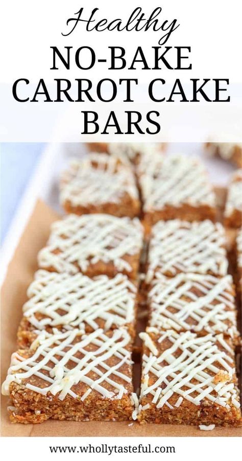 These easy, no bake Freezer Carrot Cakes are made with 100% whole and healthy ingredients, such as carrots, dates, coconut and nuts. Ice them with white chocolate or leave plain. Insanely good, perfect for a healthy snack or dessert. Carrot Cake Granola Bars, Freezer Carrot Cake Bars, Festive Baking Recipes, Shredded Carrot Recipe, No Bake Carrot Cake, Cake Cravings, Healthy Desserts For Kids, Carrot Desserts, White Chocolate Drizzle