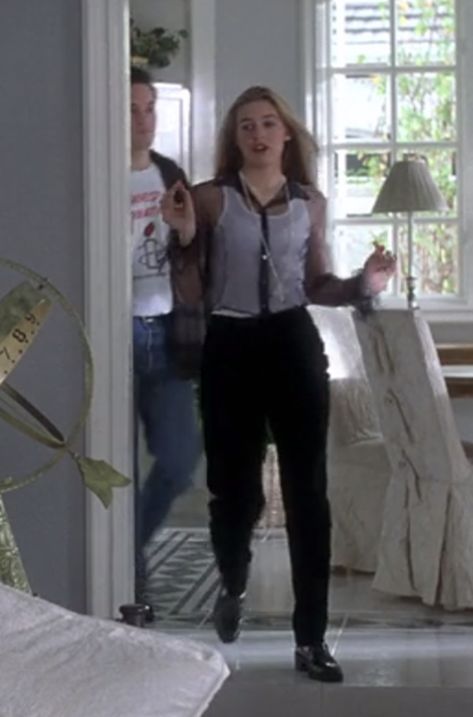 Black mesh button up with white tank underneath. Can be done in a modern way that is appropriate for work. Clueless Aesthetic Outfits, Clueless Outfits Inspiration, Cher Horowitz Outfit, Cher Clueless Outfit, Clueless Vibes, Cher Outfits, Cher Clueless, Clueless Fashion, 2000s Fashion Trends