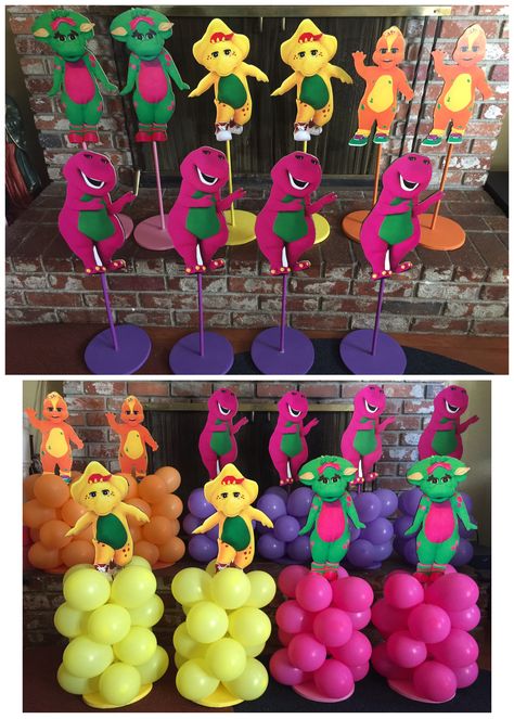 Barney & Friends balloon stands, Barney Centerpieces, Barney party Barney Centerpieces Ideas, Barney Party Decorations, Barney 2nd Birthday Party, Barney The Dinosaur Birthday Party, Barney Birthday Party Ideas, Barney Birthday Party Decorations, Barney Themed Birthday Party, Barney Party Ideas, Barney Birthday Cake