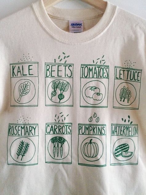 Garden Seeds Screen Printed T Shirt Vegetable Print by andMorgan Vegetable Print, Garden Shirt, Vegetable Prints, Food Shirt, Gardening Outfit, Gardening Shirts, Screen Printing Shirts, Colour Palettes, Garden Seeds