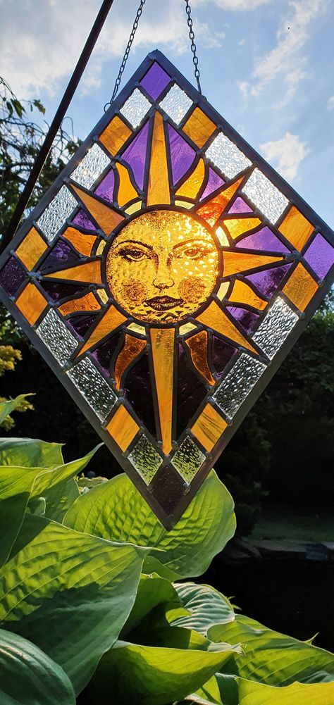 Stained Glass Hanging Art, Celestial Stained Glass Window, Stained Glass Painting Designs, Fun Stained Glass Ideas, Sun Stained Glass Art, Stained Glass Windows Art, Hanging Stained Glass Panels, Stained Glass Window Tattoo, Art Deco Stained Glass Window