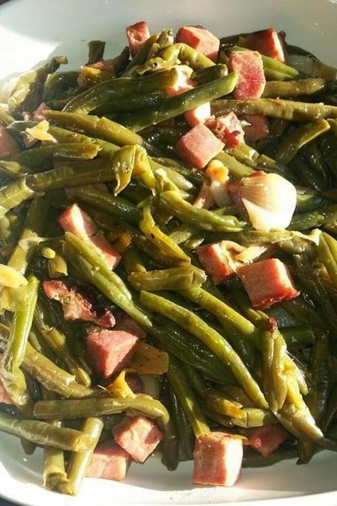 Southern Green Beans with Ham Ham Hock And Green Beans, Ham Green Beans And Potatoes Stove Top, Green Beans With Ham Hock, Green Beans With Ham, Green Beans And Ham, Beans With Ham, Beans And Ham, Easy Green Bean Recipes, Ham And Green Beans