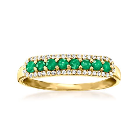 Ross-Simons - .20ct t. w. Emerald Ring, .12ct t. w. Diamonds in 14kt Yellow Gold. Size 9. Sumptuous and stackable, this luxurious gemstone ring glimmers with .20 ct. t. w. round emeralds and .12 ct. t. w. round diamond borders. Finely crafted in polished 14kt yellow gold. 1/8" wide. Diamond and emerald ring. Emerald birthstones are the perfect gift for May birthdays. May Birthdays, Diamond And Emerald Ring, Emerald Ring Vintage, Emerald Birthstone, May Birthday, Ring Emerald, Emerald Ring, Gemstone Ring, Round Diamond