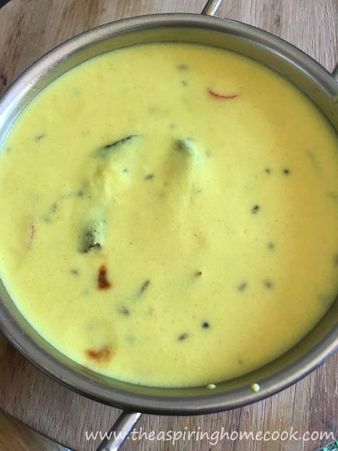 Most people usually relate Indian food to a Chikken Tikka or a curry of some sort or basically food loaded with spice and really strong fla... Dahi Curry Recipe, Dahi Kadhi Recipe, Kadi Recipe, Fish Fry Recipe Indian, Indian Yogurt, Yogurt Curry, Desi Recipes, Gujarati Cuisine, Indian Cookbook