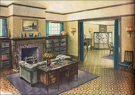 This living room was illustrated in a Ladies Home Journal during the period of Armstrong's association with  Frank Alvah Parsons or more likely his atelier, the students of which may have produced these pieces. Notice the portière draperies between the dining and living rooms that would have kept the heat from the fireplace in the living room where shivering humans could enjoy it. It's easy to imagine this as the living room of the 1922 Lewis Piping Rock house plan. Alhambra Interior, 1920s Dollhouse, 1920s Living Room, Clybourne Park, Sears Homes, 1920 House, 1920s Home Decor, 1920s Interior, Interior Art Deco