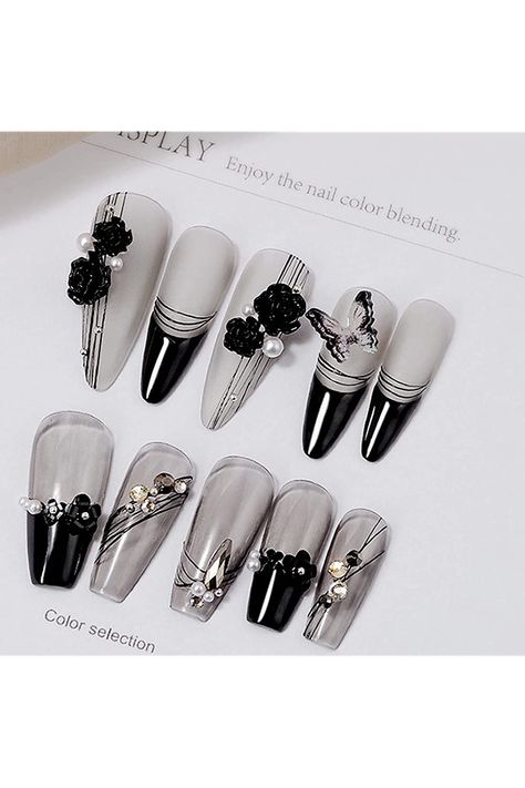 Kids Nail Designs, Black Rose Flower, Butterfly 3d, Rose Nail Art, Nail Art Charms, Black Acrylic Nails, Butterfly Nail Art, Crafting Jewelry, Manicure Diy