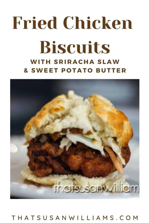 Mimosa Fried Chicken Biscuits with Sriracha Slaw and Sweet Potato Butter are the perfect meal to serve during a football game, perhaps with a glass of your favorite Highland Brewing Beer. #tailgating #friedchicken #friedchickenbiscuit Sriracha Slaw, Soul Food Collard Greens, Fried Chicken Biscuits, Sweet Potato Butter, Eggs And Rice, Green Beans Potatoes, American Test Kitchen, Chicken Biscuit, Football Event