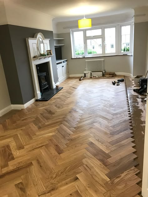 1930s House Living Room Renovation Parquet Floor Flooring Herringbone Oak Solid Wood Hardwood #1930s #House #LivingRoom #HouseRenovation #ArtDeco #Fireplace #Mantle #Mirror #OvalMirror #LogBurner #Farrow&Ball #MolesBreath #Herringbone #Parquet  #ParquetFloor #ParquetFlooring 1930s House Interior Living Rooms, Renovation Parquet, 1930s Living Room, Flooring Herringbone, 1930s House Interior, 1930s House Renovation, Art Deco Fireplace, Architecture Renovation, Wood Parquet Flooring