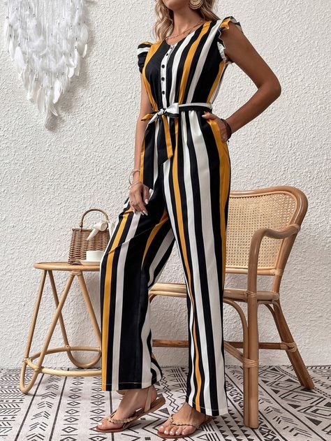 Ruffle Trim Belted Striped Jumpsuit | SHEIN USA Stripe Jumpsuit Outfit, Women Jumpsuit Outfits, Jumpsuit With Belt, Classy Jumpsuit, Bell Sleeve Romper, Perfect Pant, Jumpsuit Outfit, Casual Cap, Striped Jumpsuit