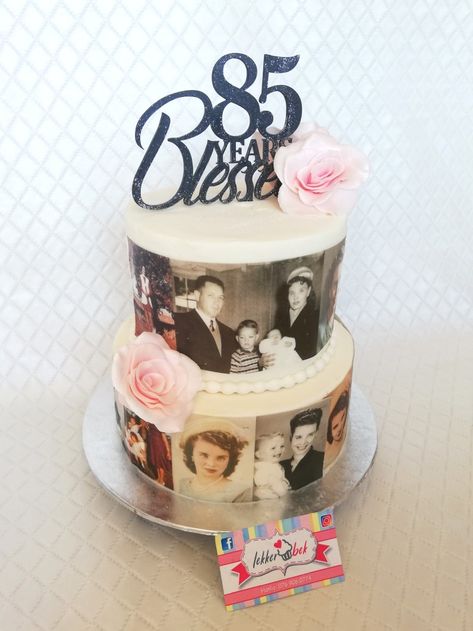 85th birthday cake with edible pictures, fondant roses and custom lasercut topper 80th Birthday Cake For Grandma, 70th Birthday Cake Ideas, 85th Birthday Cake, Grandpa Birthday Cake, 85th Birthday Party Ideas, 75 Birthday Cake, 90th Birthday Cakes, 70th Birthday Cake, 80 Birthday Cake