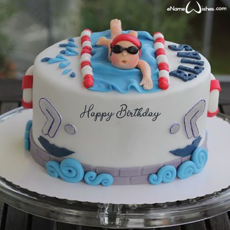 Cake For Friend, Pool Birthday Cakes, Name On Cake, Swimming Cake, Write Name On Cake, Birthday Cake Write Name, Online Birthday Cake, Pool Cake, 9th Birthday Cake