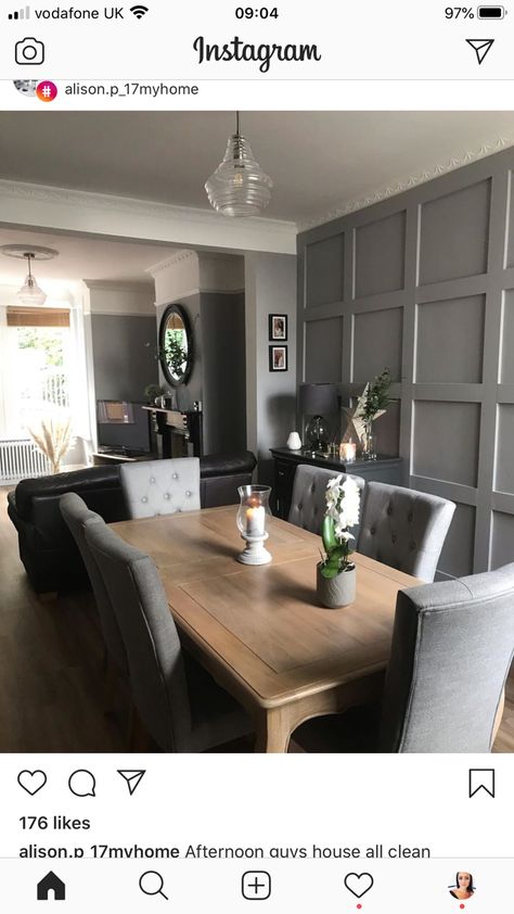 Living Room Diner, Panelled Dining Room, Living Room Knock Through, Room Paneling, Open Plan Dining Room, Dining Room Paneling, Living Dining Room Combo, Rectangle Living Room, Dining Room Layout