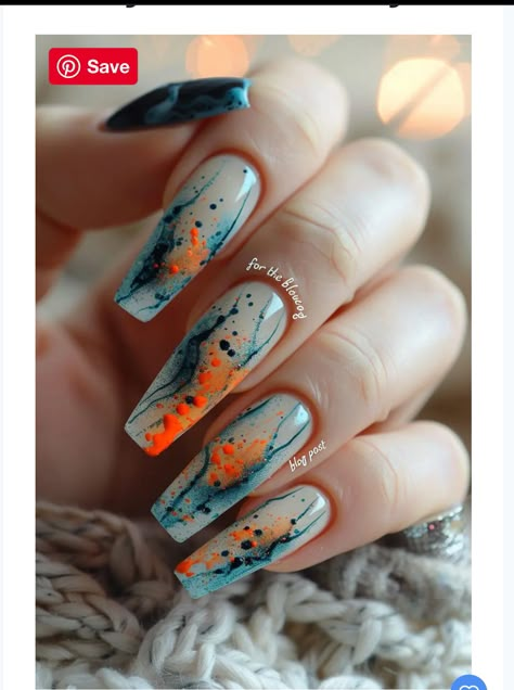 Teal And Orange Nails, Serenity Nails, Beautiful Summer Nails, Turquoise Nail Designs, Carnival Nails, Funny Nails, Almond Acrylic Nails Designs, Summer Nails Designs, Sunset Nails