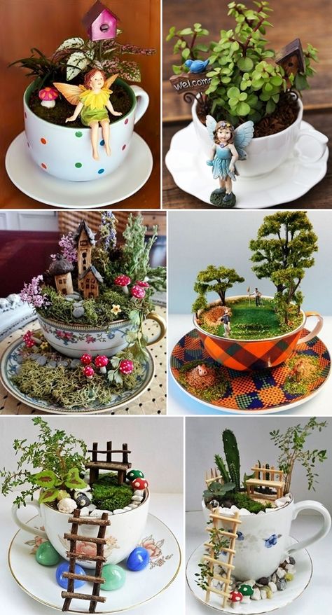 Tea Cup Crafts, Tea Cup Fairy Garden Ideas Diy, Tea Cup Fairy House, Plant Pot Fairy Garden, Fairy House Plant Pots, Tea Cup Miniature Garden, Cup And Saucer Crafts, Vasos Vintage, Kaktus Dan Sukulen