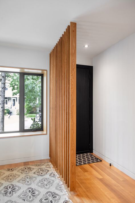 Oak Slat Wall — Studio Markanda Oak Slat Wall, Living Room Divider, Home Hall Design, Living Room Partition, Living Room Partition Design, Room Partition Designs, Home Entrance Decor, Studio Apartment Decorating, Rustic Garden Decor