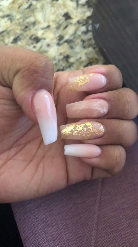 Pink And White Ombre Nails With Gold Flakes, Ombre Nails With Gold, Nail Ideas Gold Flakes, Nails Acrylic Gold Flakes, Ombré Nails With Gold, Ombre Nails Gold Flakes, Pink Nails With Gold Flakes, Ombre With Marble Nails, Ombre Nails With Gold Flakes