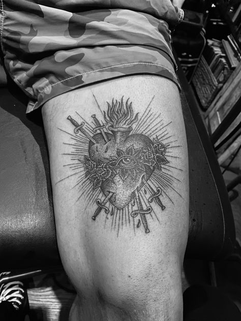 Black and grey sacred heart tattoo made by Luke Wessman in OC CA Sacred Heart Black And Grey, Sacred Heart Leg Tattoo, Heart Tattoo Man, Leg Sleeve Inspiration, Sacred Heart Stomach Tattoo, Heart Leg Tattoo, Sacred Heart Sternum Tattoo, Saint Gabriel Tattoo, Sacred Heart Tattoo Chest