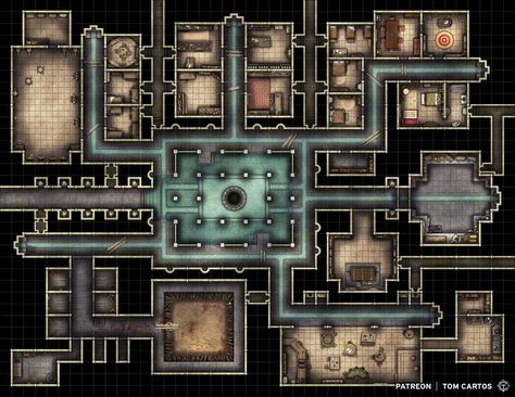 Hidden in an abandoned section of the city’s sewer system, the Thieves Guild is one of the dominant underground forces in the Empire. Most citizens are aware of their existence and know where to look if they need to contact them, but very few know where their headquarters are located. Click the link to download & find out more. #tomcartos #battlemap #map #ttrpg #dnd #rpg #pathfinder #dungeons #dragons #5e #d&d #free #fantasy #thief #thieves #guild #sewer #base #headquarters #lair #hideout Thieves Guild, Cartographers Guild, Fantasy Town, Scale Map, Sewer System, Tabletop Rpg Maps, Rpg Maps, Dungeon Maps, D D Maps