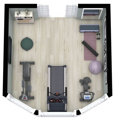 Take advantage of your bay windows to create the perfect home gym. This layout shows you how. Click the link to find out. Home Gym Floor Plan, Home Gym Ideas Small Workout Rooms, Gym Floor Plan, Small Gym Room, Small Workout Room, Tiny Home Gym, Garage Gym Flooring, Gym Layout, Home Gym Layout