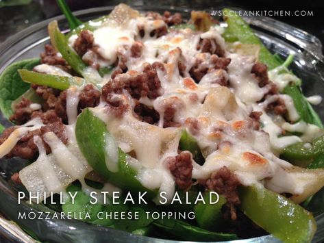 Philly Steak Salad Philly Cheese Steak Salad, Philly Steak And Cheese, Steak And Cheese, Steak Salad Recipe, Pickled Banana Peppers, The Daniel Plan, Philly Steak, Ground Sirloin, Philly Cheese