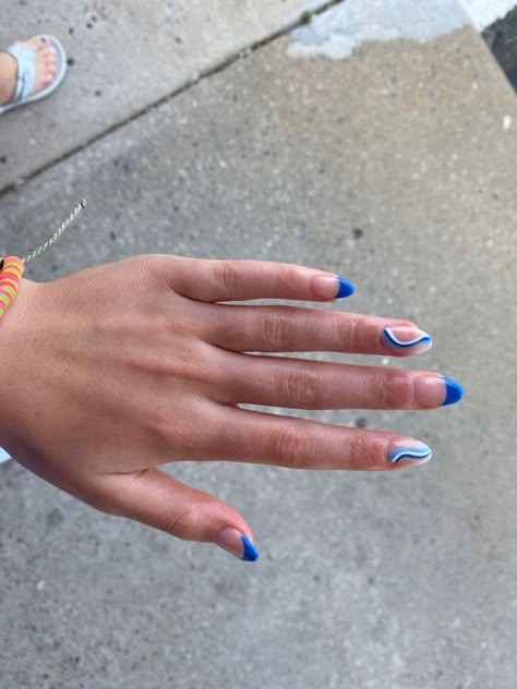 Squiggly Line Nails Blue, Blue Swirl Nails Acrylic, Short Round Blue Nails, Blue Swirls Nails, Bright Blue Nails With Design, Blue Round Nails, Blue Almond Acrylic Nails, Blue Swirl Nails, Anytime Nails