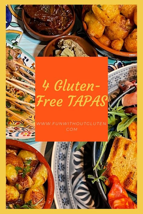 Four different plates of gluten-free tapas dishes laid out on the table Spanish Tapas Ideas, Gluten Free Dairy Free Recipes Dinner, Tapas Ideas, Celiac Recipes, Dairy Free Recipes Dinner, Tapas Menu, Pork Fillet, Tapas Dishes, Tapas Recipes