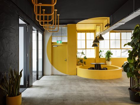 Yellow Desk Coworking Offices - South Yarra Coworking Space Design, Yellow Office, Yellow Desk, Studio Architecture, Coworking Office, Studios Architecture, Yellow Interior, Curved Walls, Office Snapshots