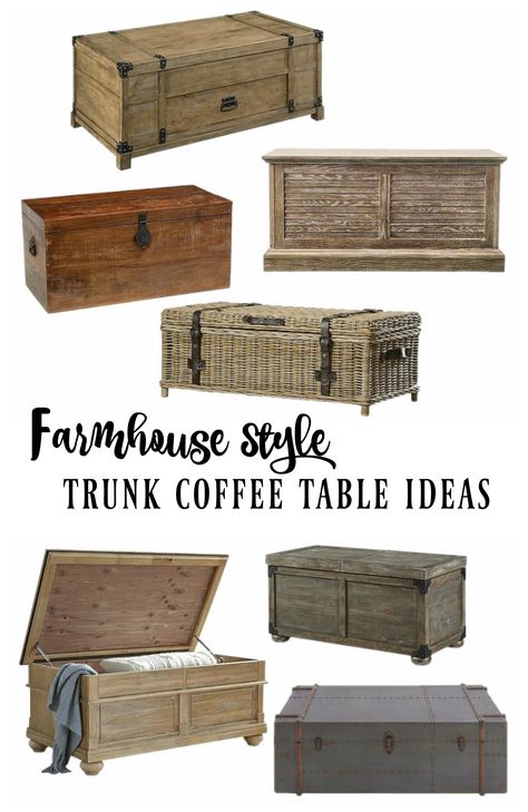 I stumbled upon a beautiful wooden trunk and it reminded me of the wooden trunk we have in our living room as a coffee table. And I thought to myself if I didn't have my current trunk, I would get this one. I know many of you have asked where ours is from, and I hate not having a valid source. So today I'm sharing a variety of farmhouse style wooden trunk coffee table ideas. Wooden Storage Trunk, Large Trunk Ideas, Storage Trunks Living Room, Diy Trunk Coffee Table, Trunk Coffee Table Living Room, Trunk Coffee Table, Wooden Trunk Coffee Table, Trunk Furniture, Trunk Side Table