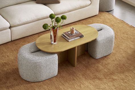 This Coffee Table Sneakily Hides 4 Extra Seats in Plain Sight Nesting Stools, Hosting Friendsgiving, Living Room And Kitchen Design, A Studio Apartment, Organized Lifestyle, Living Room Design Inspiration, Side Table Design, Rectangular Coffee Table, Coffee Table Square