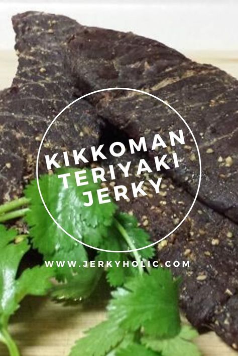 Kikkoman Teriyaki Beef Jerky close up on a wooden board with a sprig of fresh coriander. Homemade Beef Jerky Recipe, Oven Jerky, Jerkey Recipes, Jerky Marinade, Teriyaki Beef Jerky, Homemade Beef Jerky, Homemade Jerky, Jerky Recipe, Making Jerky