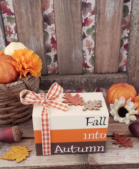 Fall Mini Book Stack/autumn/leaves/tiered Tray Decor/ - Etsy Canada Halloween Care Packages, Fall Board, Fall Books, Wood Decorations, Old Book Crafts, Orange Gingham, Faux Books, Craft Booth Displays, Farmhouse Crafts