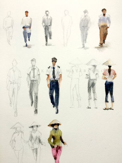 Landscape Paintings With Human Figures, Figures In Watercolor, Watercolor Art People Simple, Watercolour People Simple, Watercolor Human Figures, Urban Sketching People, Watercolor People Simple, Quick Sketches Of People, Watercolour Figures