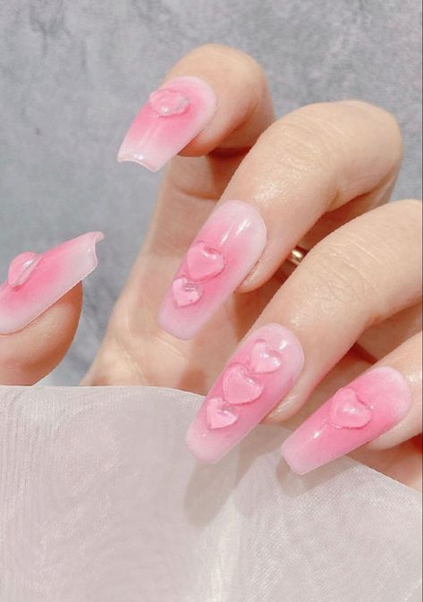 clear resin hesrt nails with pink polish > Nail Clear Pink, Clear Heart Nails, Jelly Nail With Heart, Pink Clear Nail Polish, Pink Heart Nails, Clear Heart Nail Charms, Pink Resin Jewelry With Heart Charm, Nails With Pink, Clear Heart