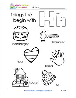 The things that begin with h on this worksheet are hamburger, hammer, hat, house, heart, & hand. Say the word, circle the beginning h, & color the pictures. H Worksheets For Preschoolers, Letter H Worksheets Preschool, Letter H Printable, Science Worksheets For Kindergarten, Letter H Activities, Preschool Language Arts, Alphabet Activities Kindergarten, Letter Worksheets For Preschool, Beginning Sounds Worksheets