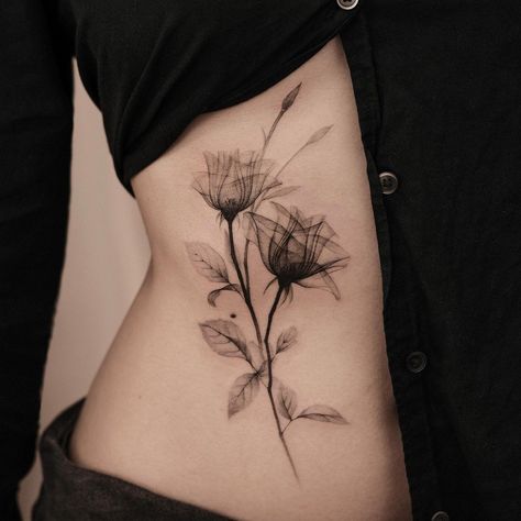 Cj | Magnolia X-ray | Instagram Sacred Geometry Flower Tattoo, X Ray Flower Tattoo Lotus, Floral Tattoo Design Black And White, Faded Flower Tattoo, Flower Xray Tattoo, Black And White Cherry Blossom Tattoo, Xray Tattoo Ideas, X Ray Flower Tattoo, X Ray Tattoo