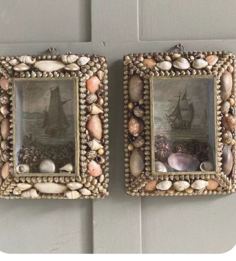 Sailors Valentine Antique, Victorian Shell Art, Mermaid Mansion, Shell Fireplace, Vintage Shell Art, Beachy Farmhouse, Seashell Frame, Seashell Mirror, Art Coquillage