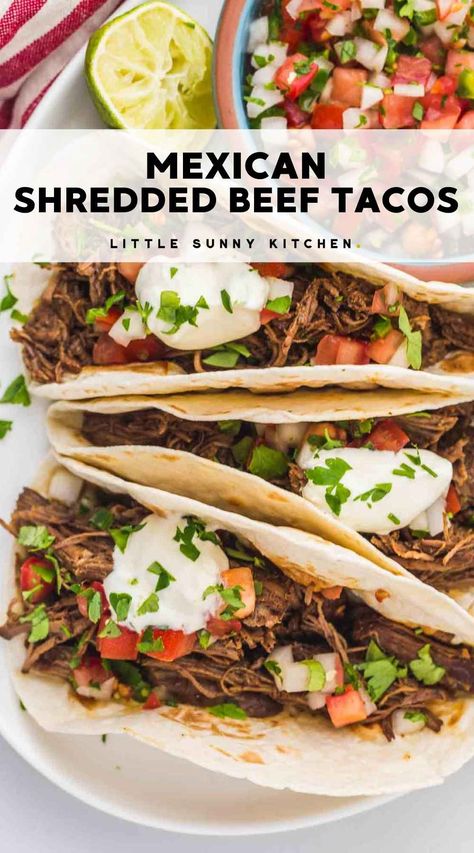 This Mexican shredded beef holds a TON of flavor! Tender, fall apart beef in a rich sauce to make restaurant-quality shredded beef tacos, burritos, quesadillas, enchiladas, or rice bowls. Make this over the stovetop, in the Instant Pot, or in the slow cooker. Mexican Red Rice, Sizzling Fajitas, Shredded Beef Recipes, Mexican Shredded Beef, Shredded Beef Tacos, Instant Pot Slow Cooker, Beef Tongue, Mexican Beef, Mexican Recipe