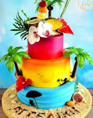 Ohana Party, Beach Themed Birthday Party, Hawaiian Birthday Cakes, Aloha Cake, Tropical Birthday Cake, Cake Tricks, Tropical Cakes, Beach Themed Birthday, Hawaii Cake