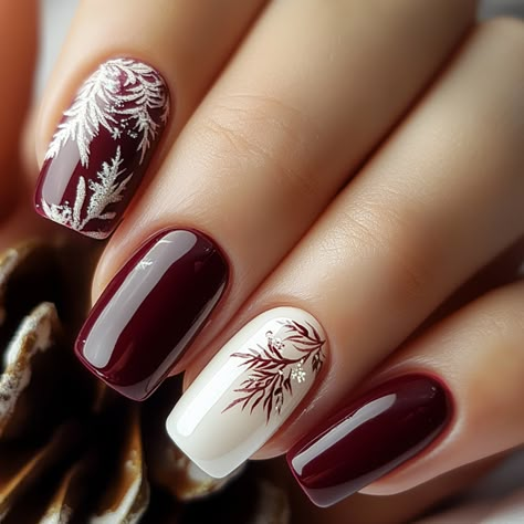 Burgundy Acrylic, Burgundy Acrylic Nails, Holiday Manicure, Xmas Nail Art, Classy Nail Art, Winter Manicure, Winter Nail Ideas, Classy Nail Designs, Classy Nail